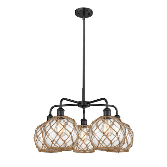 Innovations Farmhouse Rope 27in 5-Light Chandelier | Industrial Matte Black Steel and Clear Glass with Brown Rope | Dining | Model 516-5CR-BK-G122-8RB