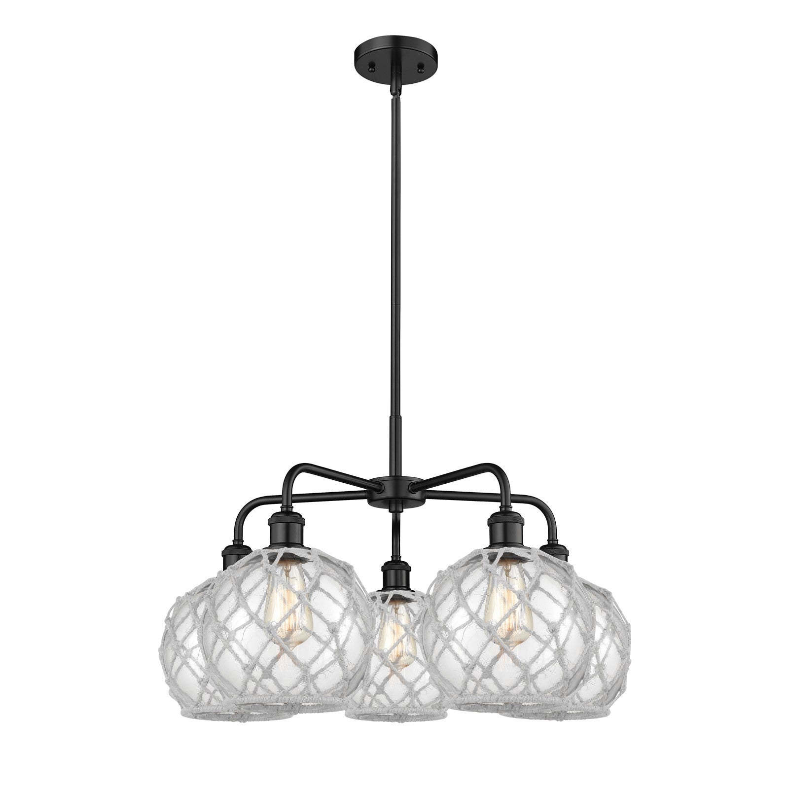 Innovations Farmhouse Rope 27in 5-Light Chandelier | Industrial Matte Black Steel and Clear Glass with White Rope | Dining | Model 516-5CR-BK-G122-8RW