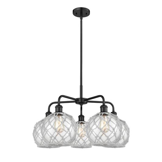 Innovations Farmhouse Rope 27in 5-Light Chandelier | Industrial Matte Black Steel and Clear Glass with White Rope | Dining | Model 516-5CR-BK-G122-8RW
