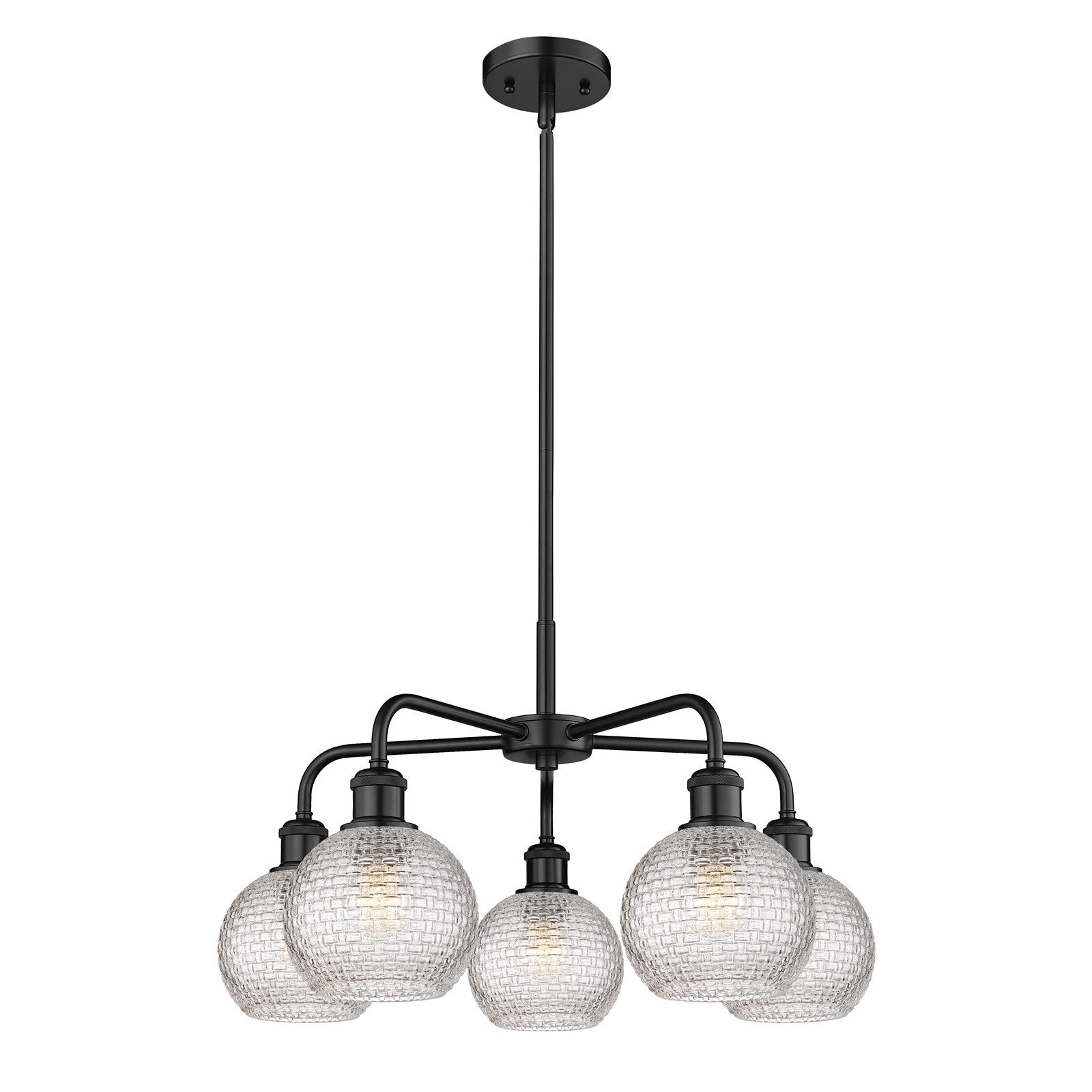 Innovations Athens 24in 5-Light Chandelier | Modern Farmhouse Matte Black Steel and Clear Basket Weave Glass | Dining Room & | Model 516-5CR-BK-G122C-6CL