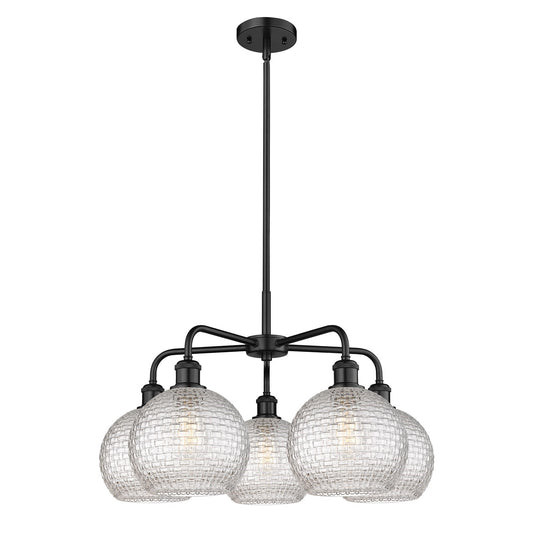 Innovations Athens 26in 5-Light Chandelier | Modern Farmhouse Matte Black Steel and Clear Basket Weave Glass | Dining Room & | Model 516-5CR-BK-G122C-8CL