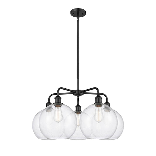 Innovations Athens 28in 5-Light Chandelier | Industrial Matte Black Steel and Seedy Glass | Kitchen Island & Dining Room | 28 x | Model 516-5CR-BK-G124-10