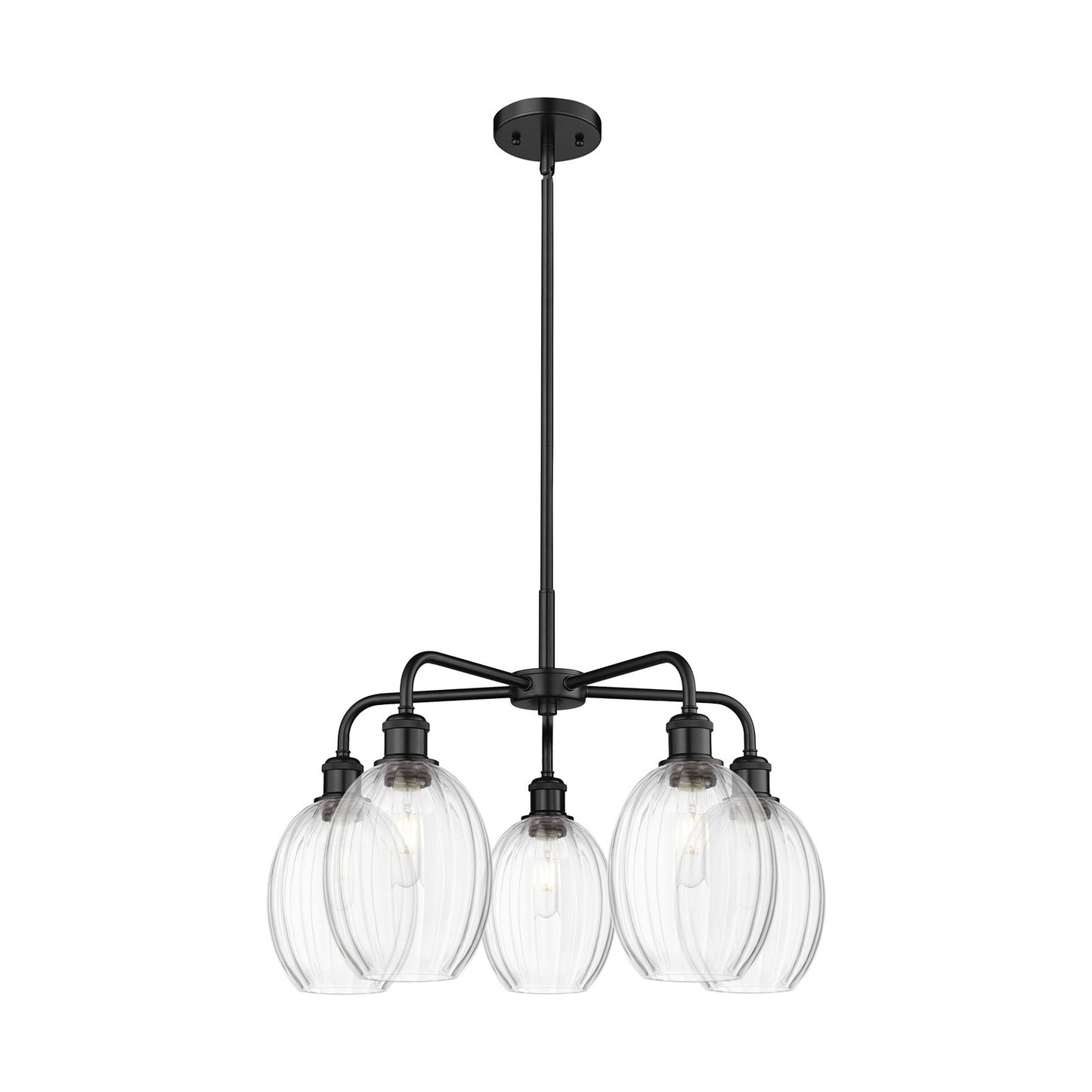 Innovations Preston Bulb 25in 5-Light Chandelier | Industrial Matte Black Steel and Clear Glass | Kitchen Island & Dining Room | Model 516-5CR-BK-G459-6CL
