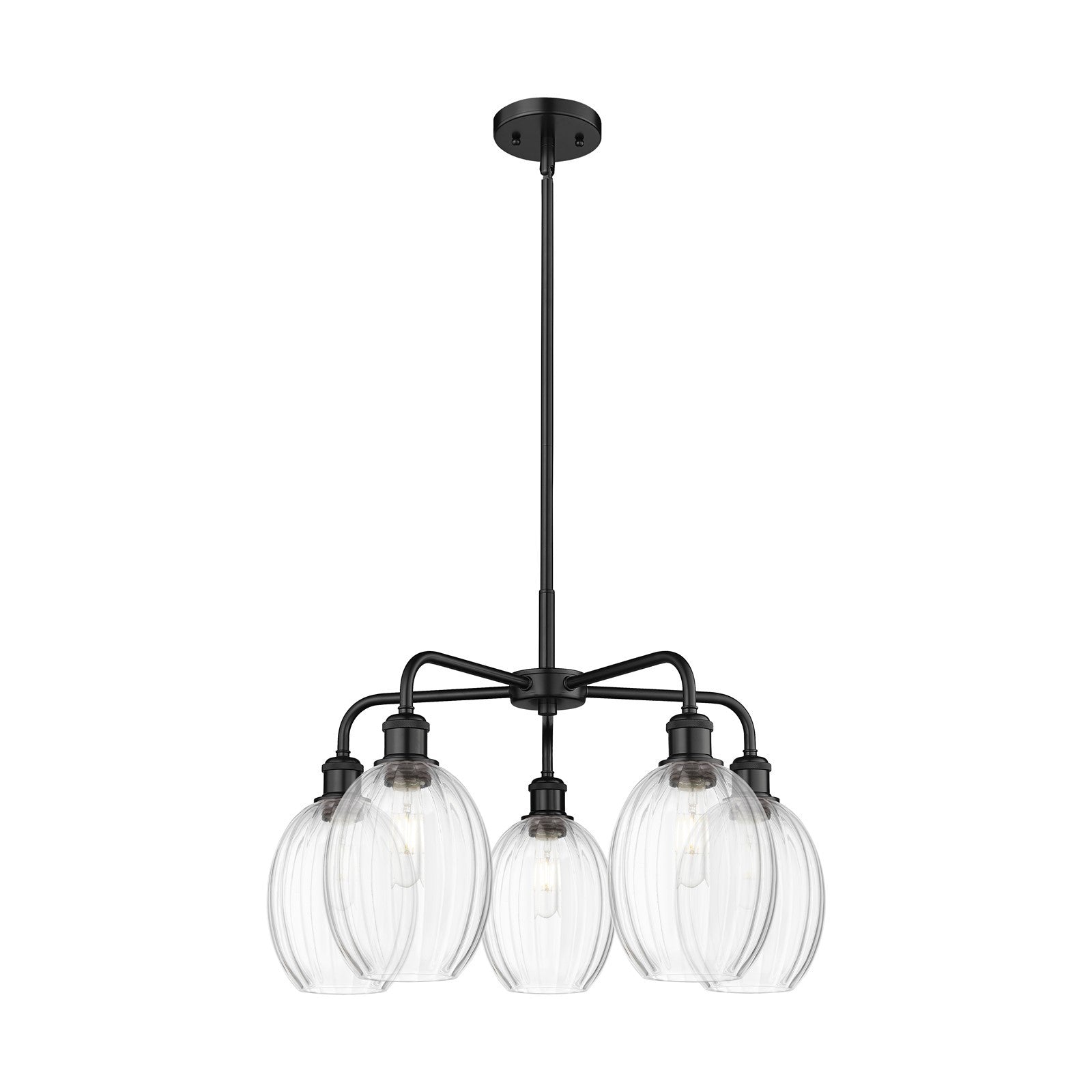 Innovations Preston Bulb 25in 5-Light Chandelier | Industrial Matte Black Steel and Clear Glass | Kitchen Island & Dining Room | Model 516-5CR-BK-G459-6CL