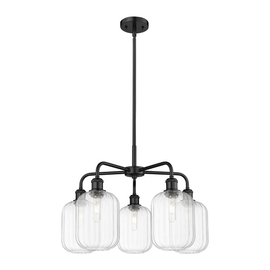 Innovations Preston Cylinder 25in 5-Light Chandelier | Industrial Matte Black Steel and Clear Glass | Dining Room & Living | Model 516-5CR-BK-G460-7CL