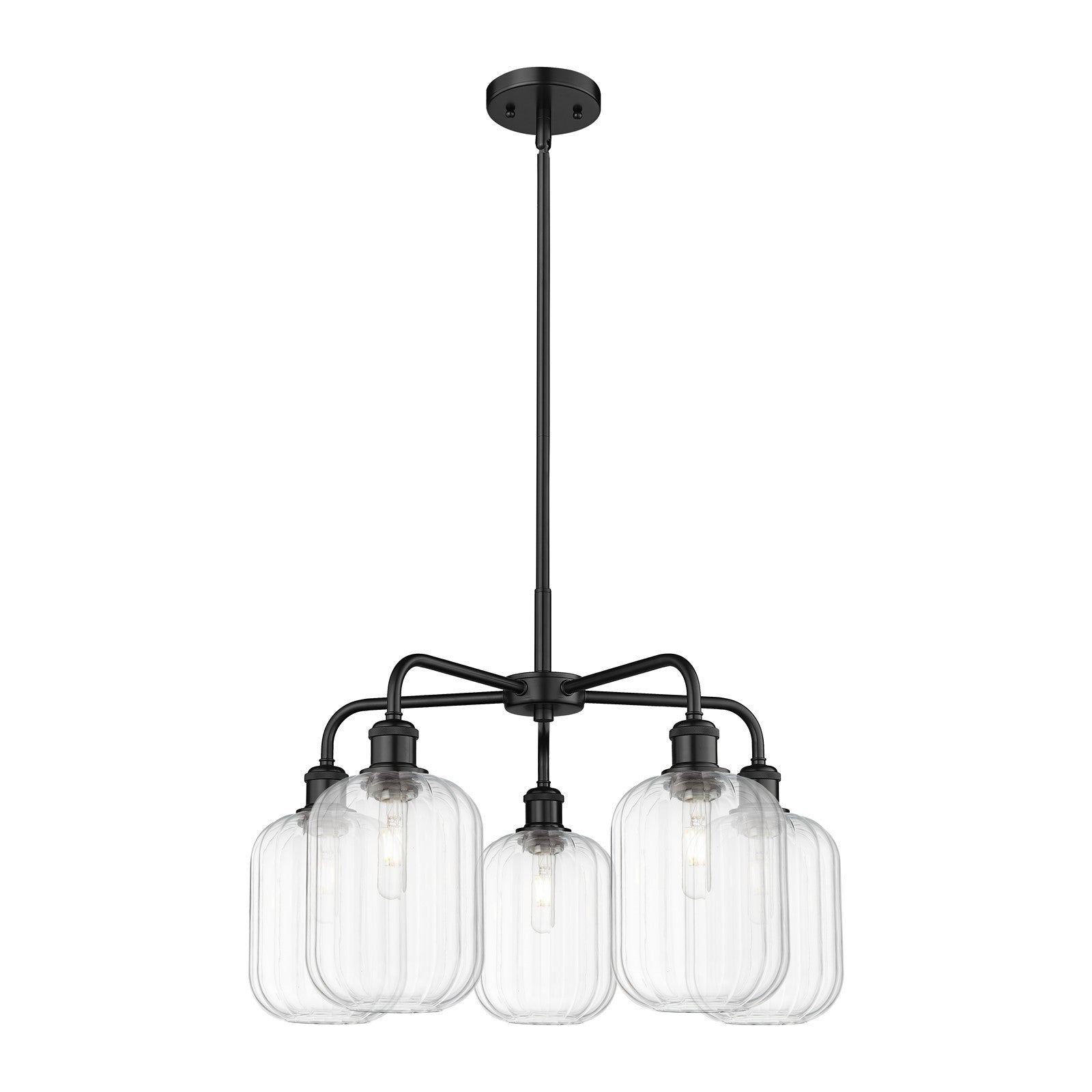 Innovations Preston Cylinder 25in 5-Light Chandelier | Industrial Matte Black Steel and Clear Glass | Dining Room & Living | Model 516-5CR-BK-G460-7CL