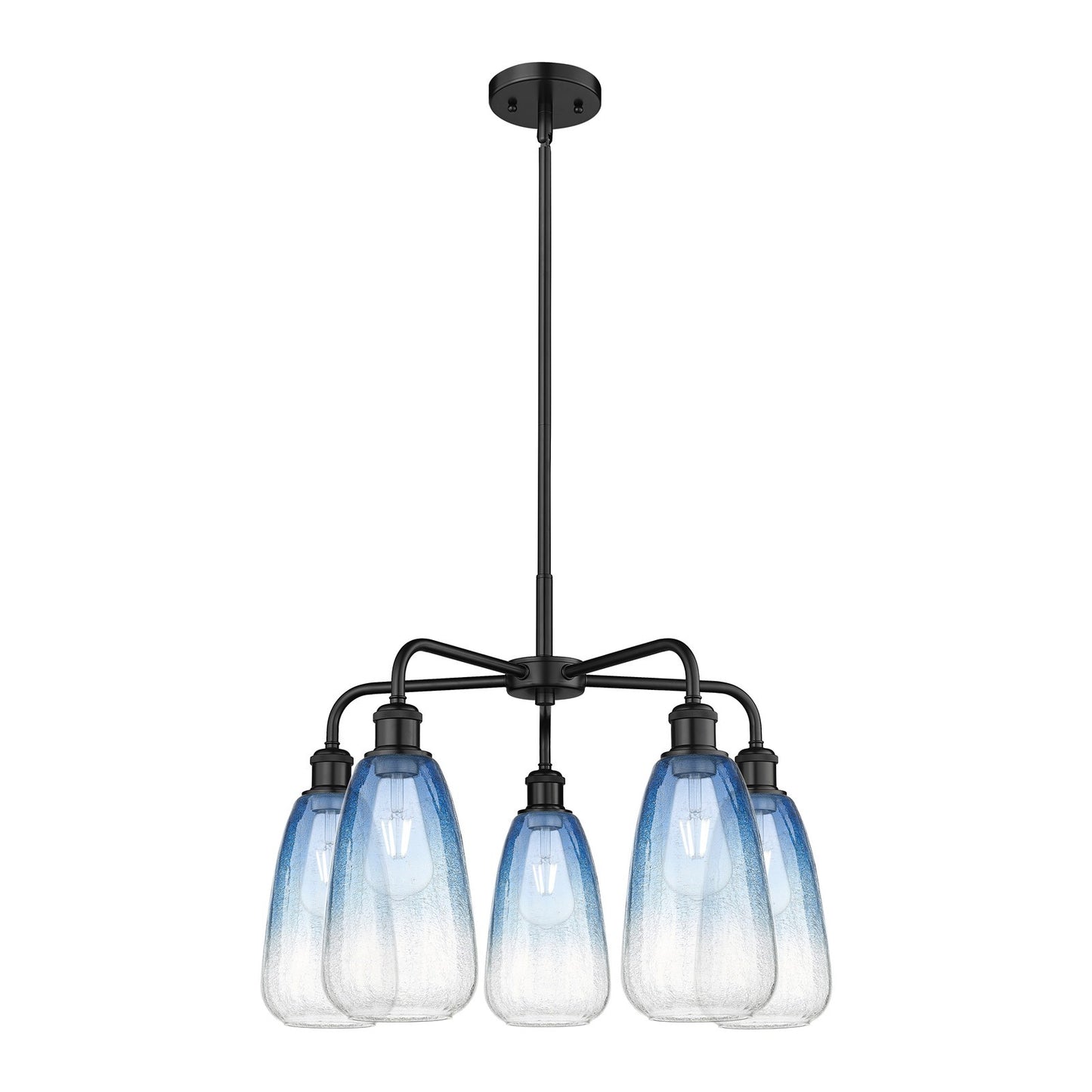 Innovations Brookhaven Almond 25in 5-Light Chandelier | Industrial Matte Black Steel and Sapphire Blue Glass | Dining Room & | Model 516-5CR-BK-G480-6SB