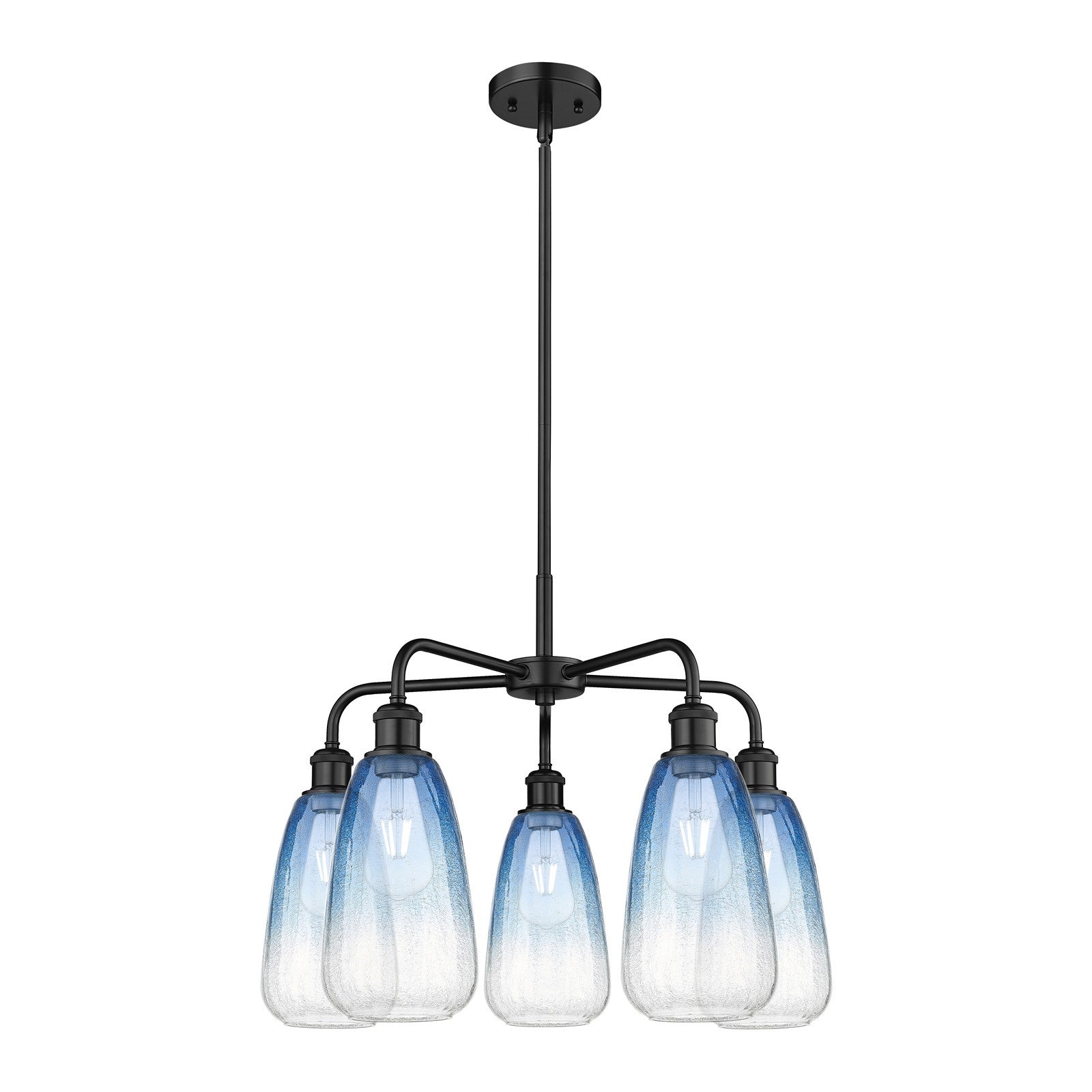Innovations Brookhaven Almond 25in 5-Light Chandelier | Industrial Matte Black Steel and Sapphire Blue Glass | Dining Room & | Model 516-5CR-BK-G480-6SB
