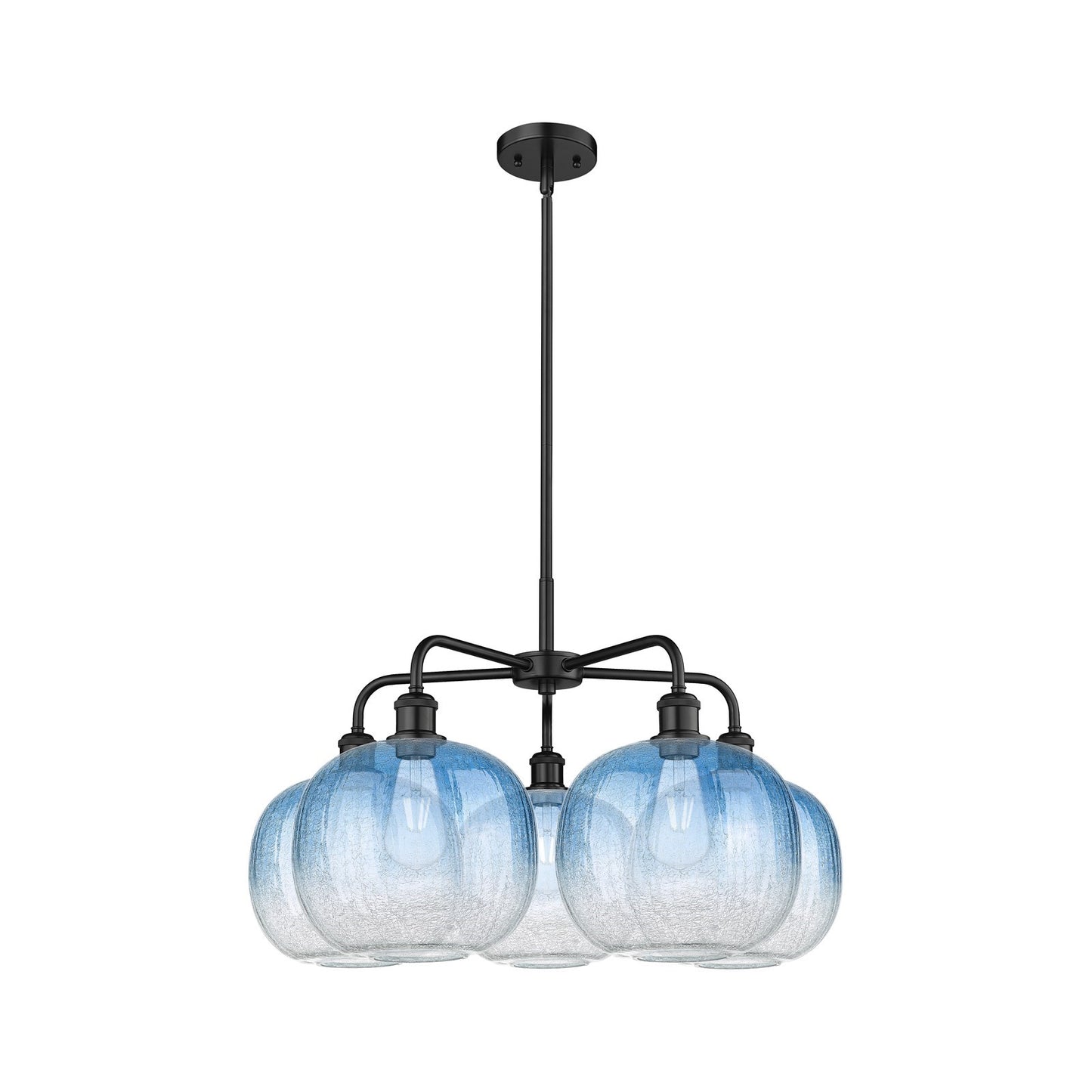 Innovations Brookhaven Sphere 29in 5-Light Chandelier | Industrial Matte Black Steel and Sapphire Blue Glass | Dining Room & | Model 516-5CR-BK-G481-10SB