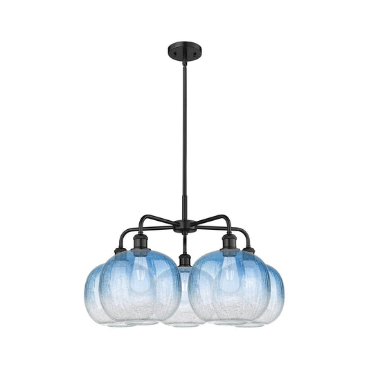 Innovations Brookhaven Sphere 29in 5-Light Chandelier | Industrial Matte Black Steel and Sapphire Blue Glass | Dining Room & | Model 516-5CR-BK-G481-10SB