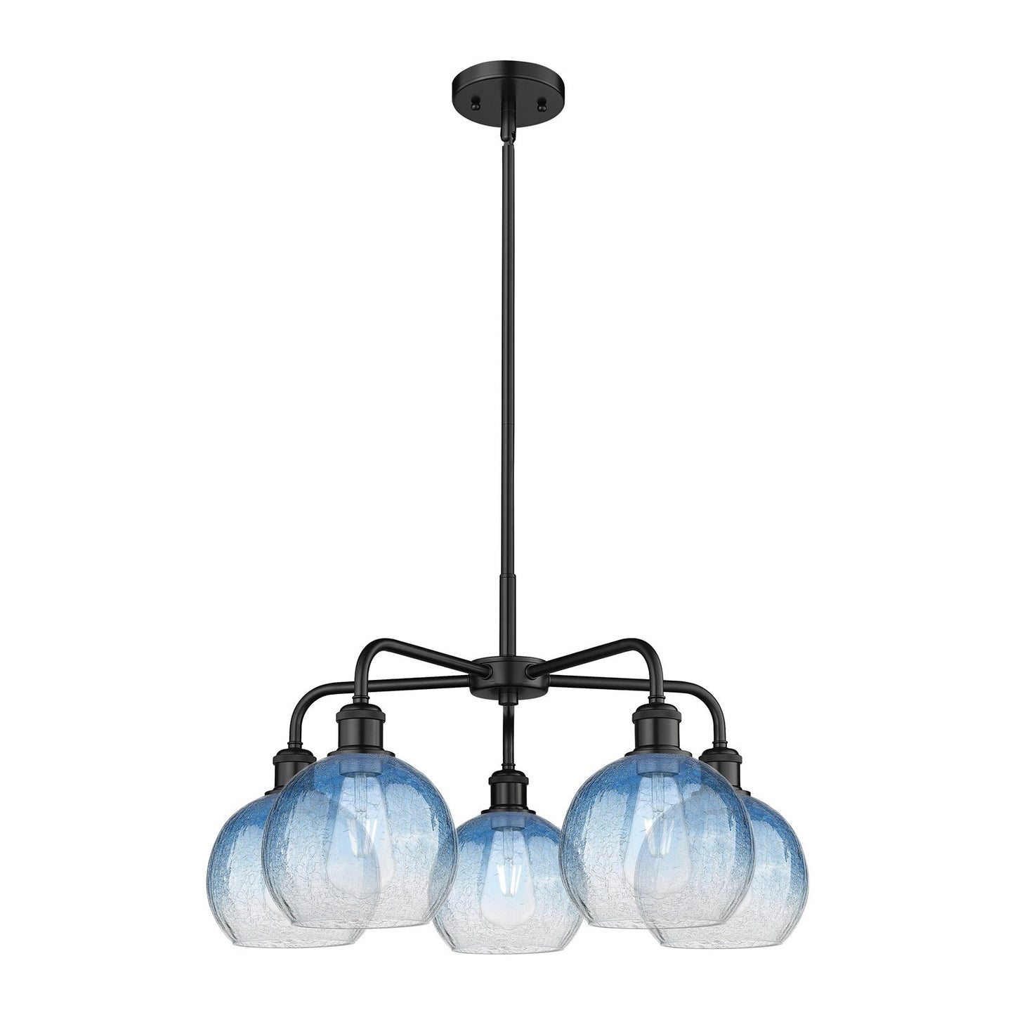 Innovations Brookhaven Globe 26in 5-Light Chandelier | Industrial Matte Black Steel and Sapphire Blue Glass | Kitchen & Dining | Model 516-5CR-BK-G483-8SB