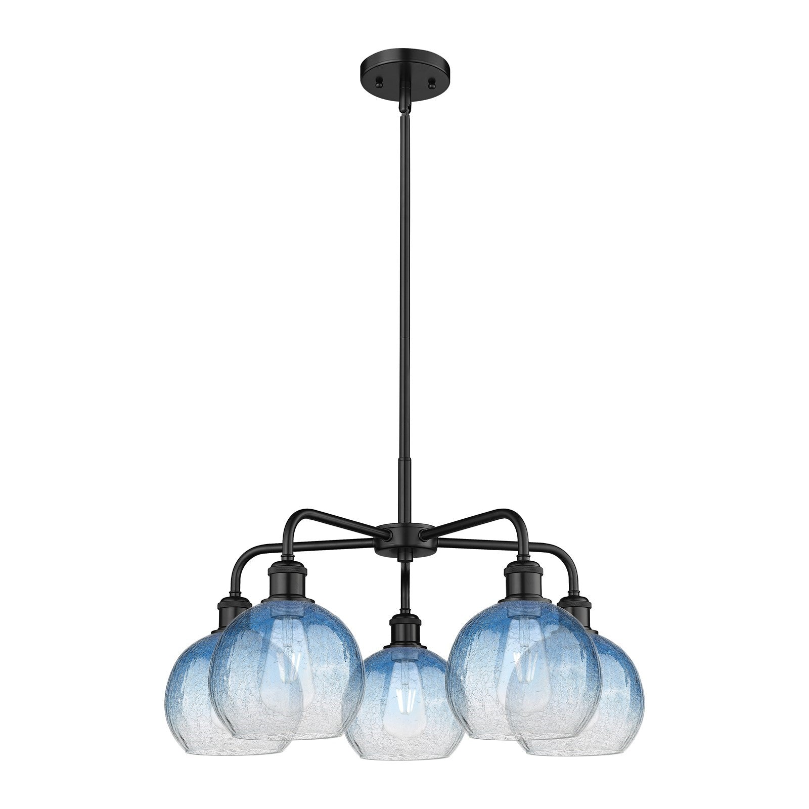 Innovations Brookhaven Globe 26in 5-Light Chandelier | Industrial Matte Black Steel and Sapphire Blue Glass | Kitchen & Dining | Model 516-5CR-BK-G483-8SB