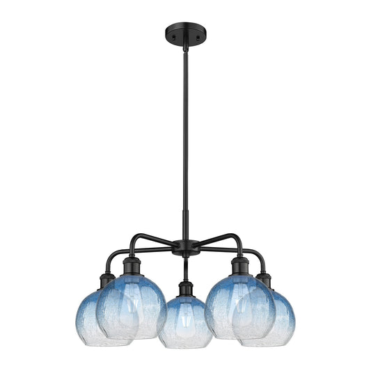 Innovations Brookhaven Globe 26in 5-Light Chandelier | Industrial Matte Black Steel and Sapphire Blue Glass | Kitchen & Dining | Model 516-5CR-BK-G483-8SB