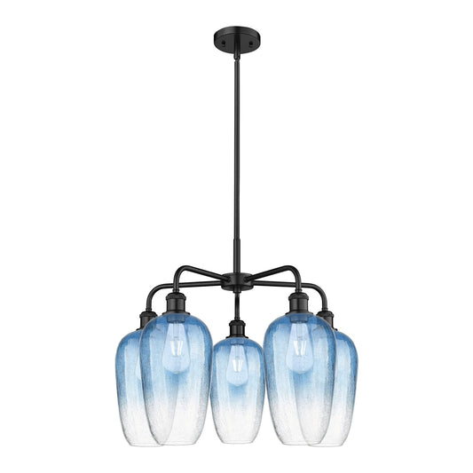 Innovations Brookhaven Flute 26in 5-Light Chandelier | Industrial Matte Black Steel and Sapphire Blue Glass | Dining Room & | Model 516-5CR-BK-G484-7SB