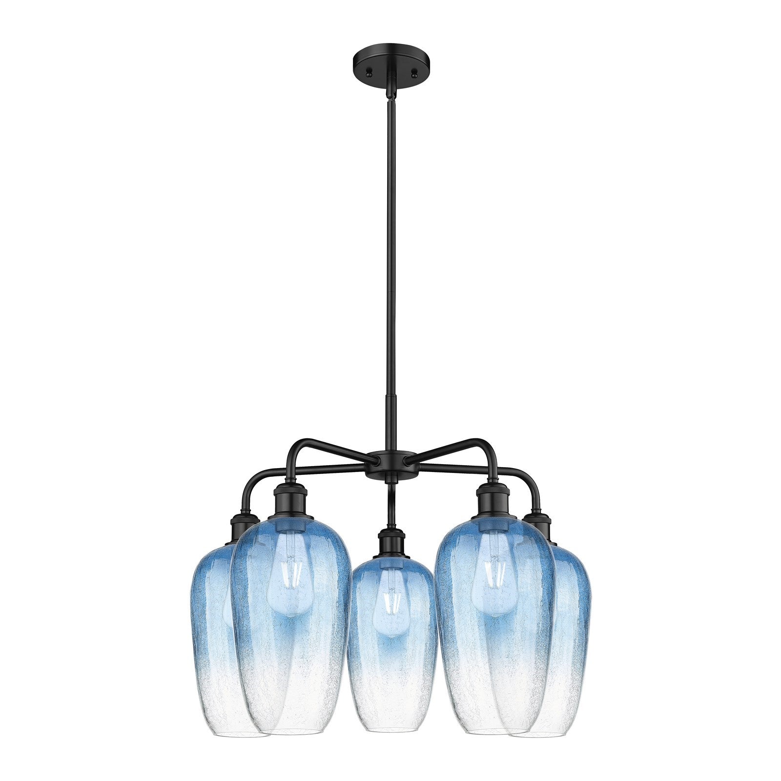 Innovations Brookhaven Flute 26in 5-Light Chandelier | Industrial Matte Black Steel and Sapphire Blue Glass | Dining Room & | Model 516-5CR-BK-G484-7SB