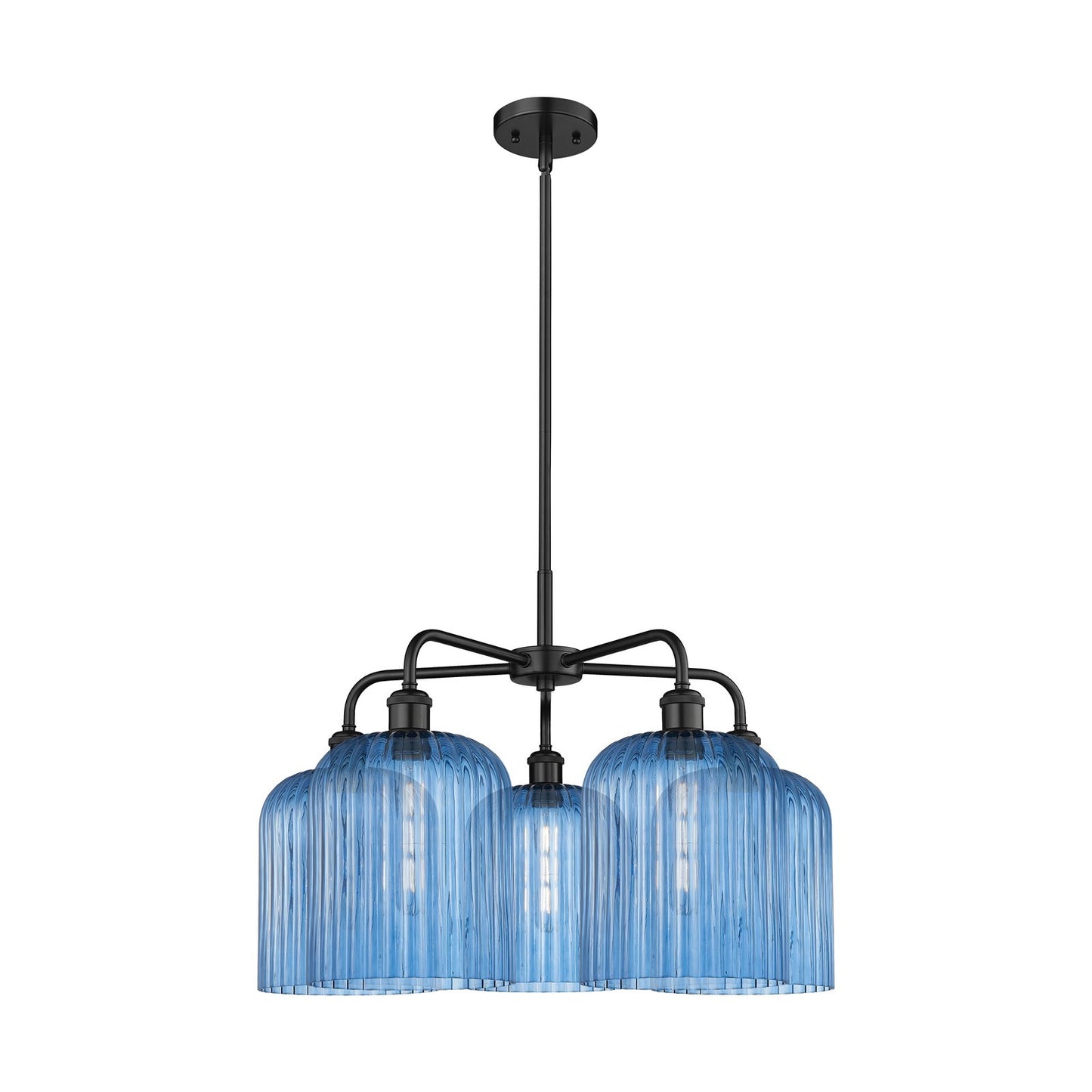 Innovations Bridal Veil 23in 5-Light Chandelier | Industrial Matte Black Steel and Princess Blue Ribbed Glass | Dining Room & | Model 516-5CR-BK-G559-8BL