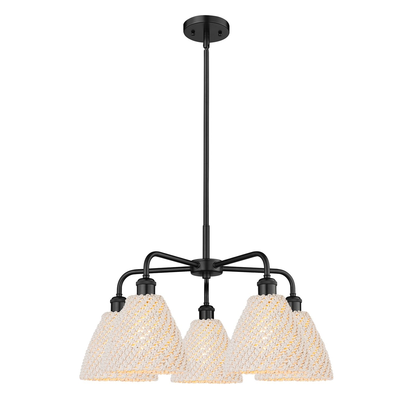 Innovations Bristol Natural 26in 5-Light Chandelier | Industrial Matte Black Steel and Natural Fiber Shade | Dining Room & | Model 516-5CR-BK-NBD-75-NAT