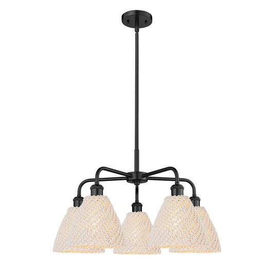 Innovations Bristol Natural 26in 5-Light Chandelier | Industrial Matte Black Steel and Natural Fiber Shade | Dining Room & | Model 516-5CR-BK-NBD-75-NAT