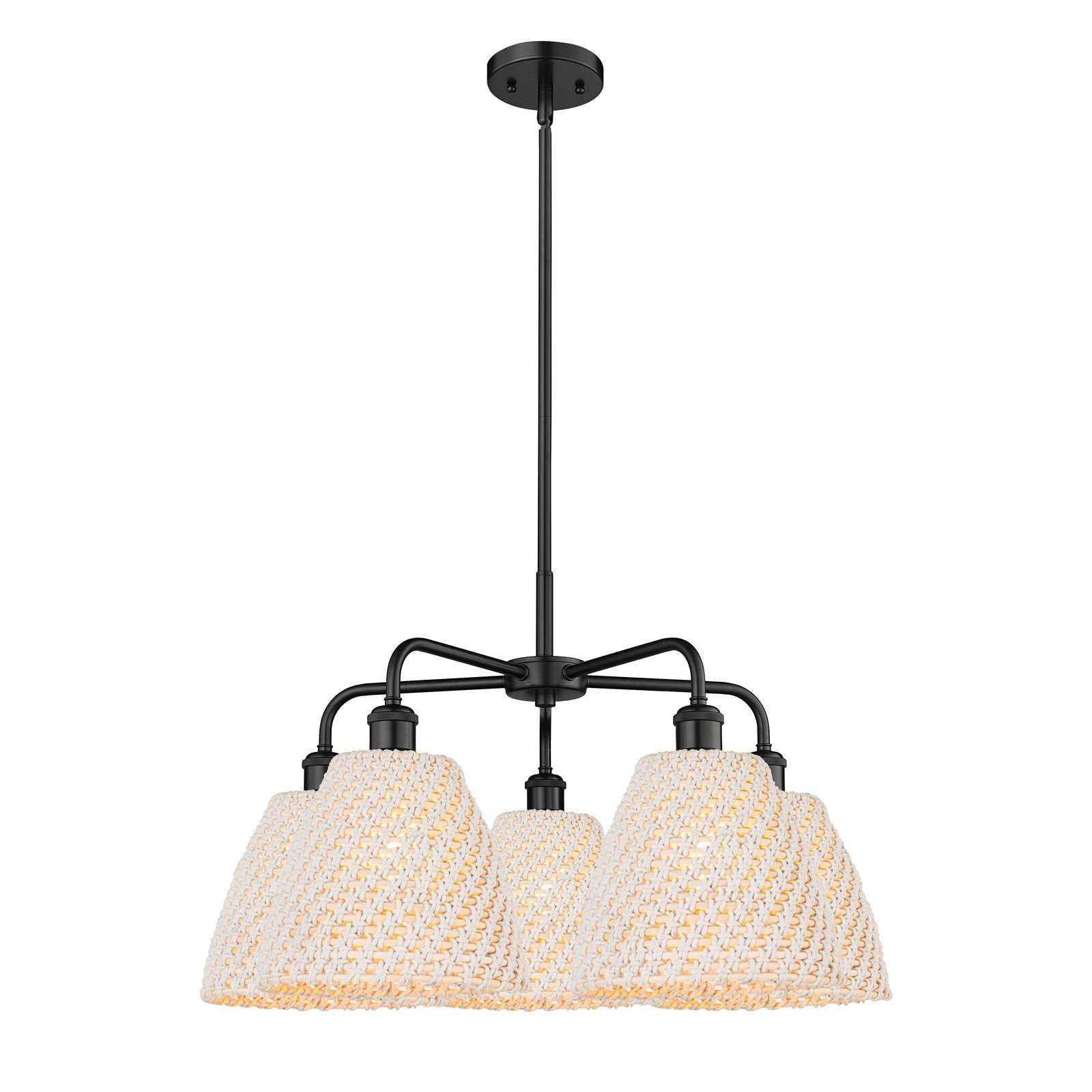 Innovations Bristol Natural 28in 5-Light Chandelier | Industrial Matte Black Steel and Natural Fiber Dome Shade | Damp Rated | Model 516-5CR-BK-NBD-9-NAT