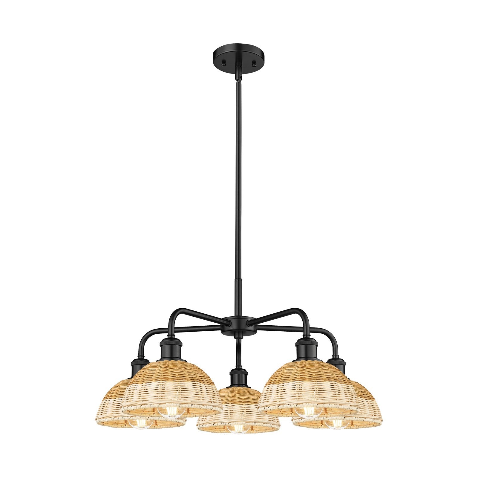 Innovations Bristol Natural II 26in 5-Light Chandelier | Industrial Matte Black Steel and Natural Fiber Dome Shade | Damp | Model 516-5CR-BK-NBD2-75-NAT
