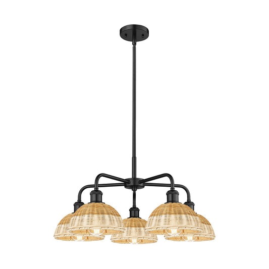 Innovations Bristol Natural II 26in 5-Light Chandelier | Industrial Matte Black Steel and Natural Fiber Dome Shade | Damp | Model 516-5CR-BK-NBD2-75-NAT