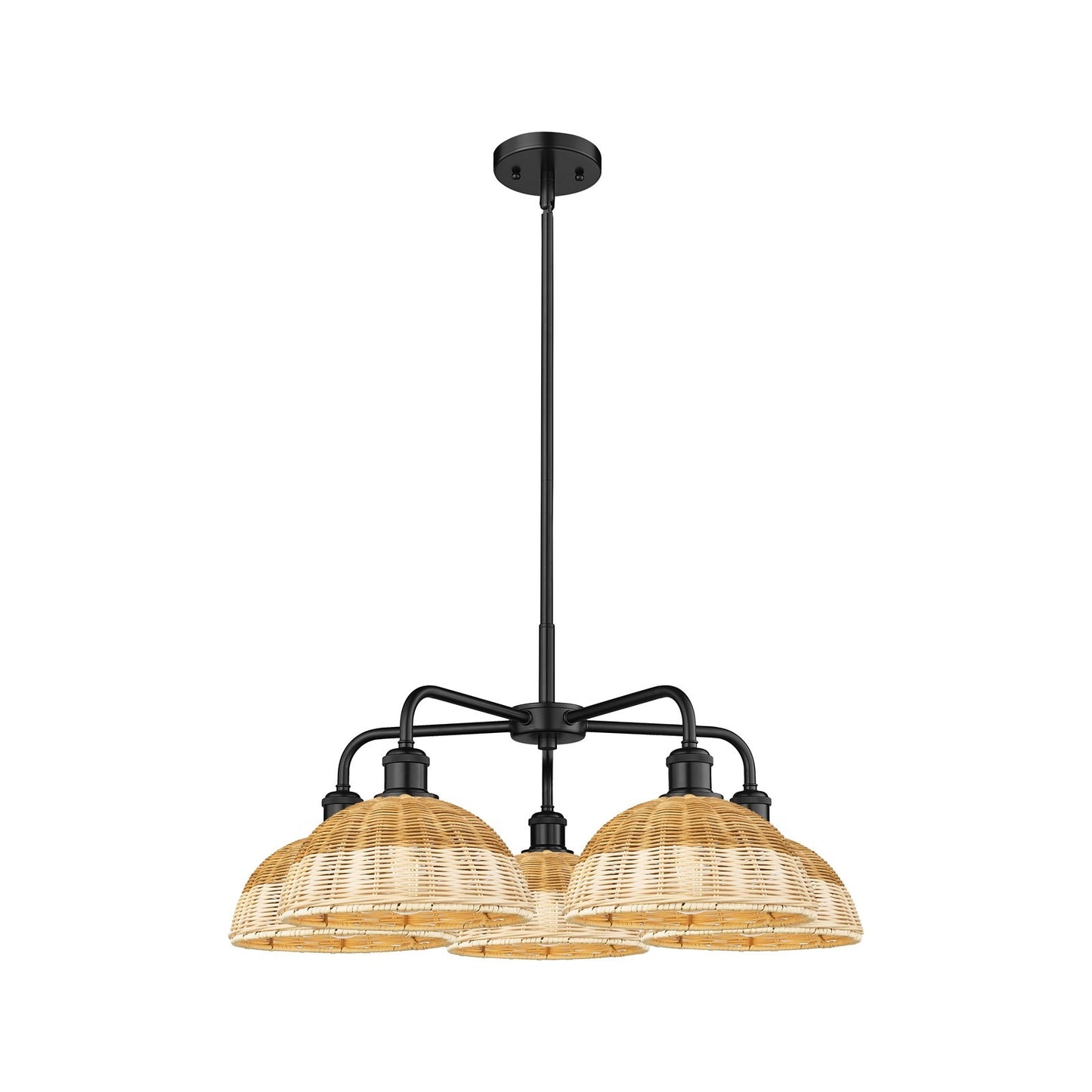 Innovations Bristol Natural II 28in 5-Light Chandelier | Industrial Matte Black Steel and Natural Fiber Dome Shades | Dining | Model 516-5CR-BK-NBD2-9-NAT