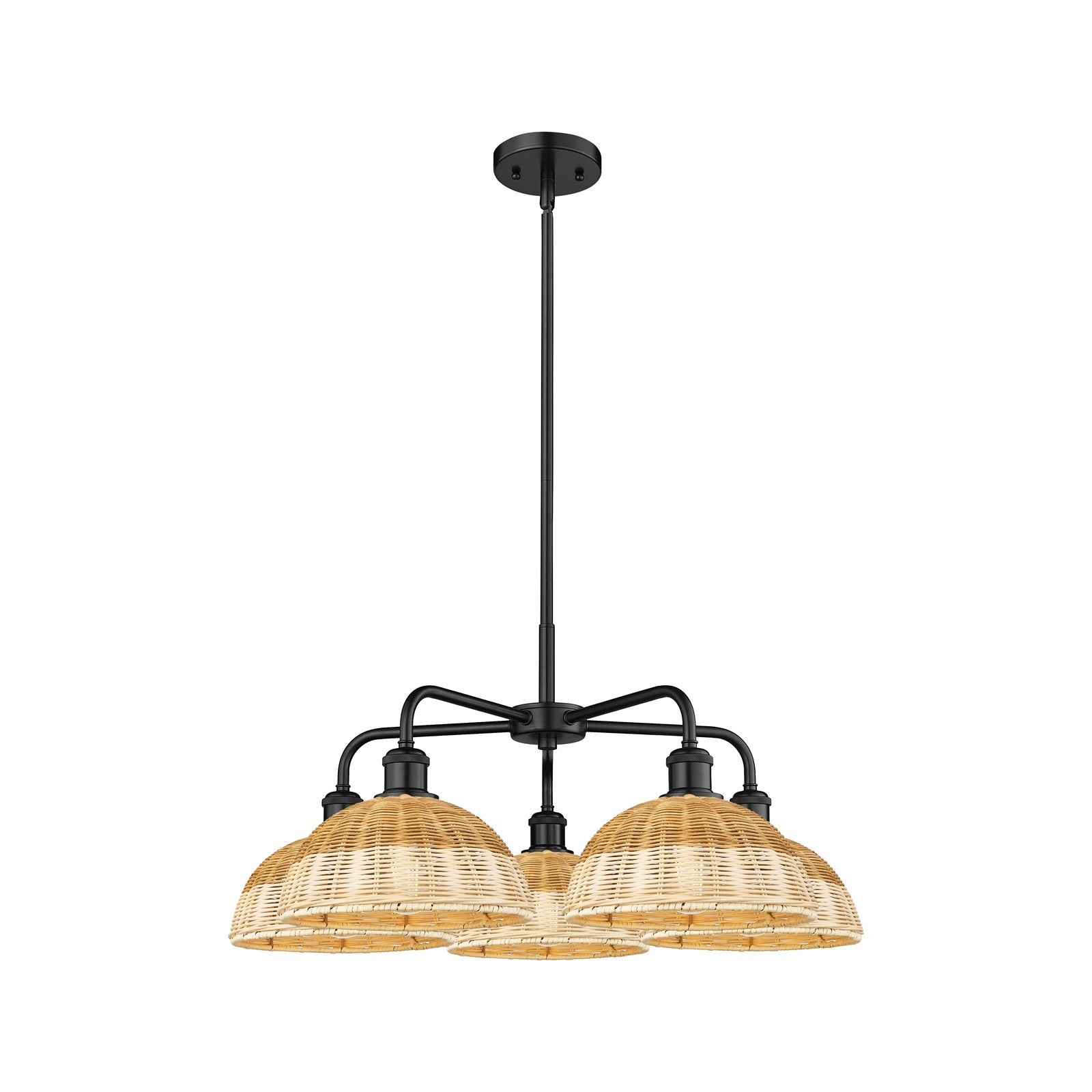 Innovations Bristol Natural II 28in 5-Light Chandelier | Industrial Matte Black Steel and Natural Fiber Dome Shades | Dining | Model 516-5CR-BK-NBD2-9-NAT