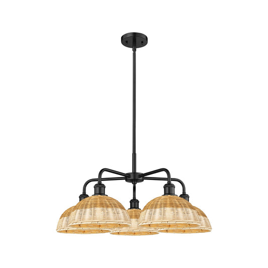 Innovations Bristol Natural II 28in 5-Light Chandelier | Industrial Matte Black Steel and Natural Fiber Dome Shades | Dining | Model 516-5CR-BK-NBD2-9-NAT