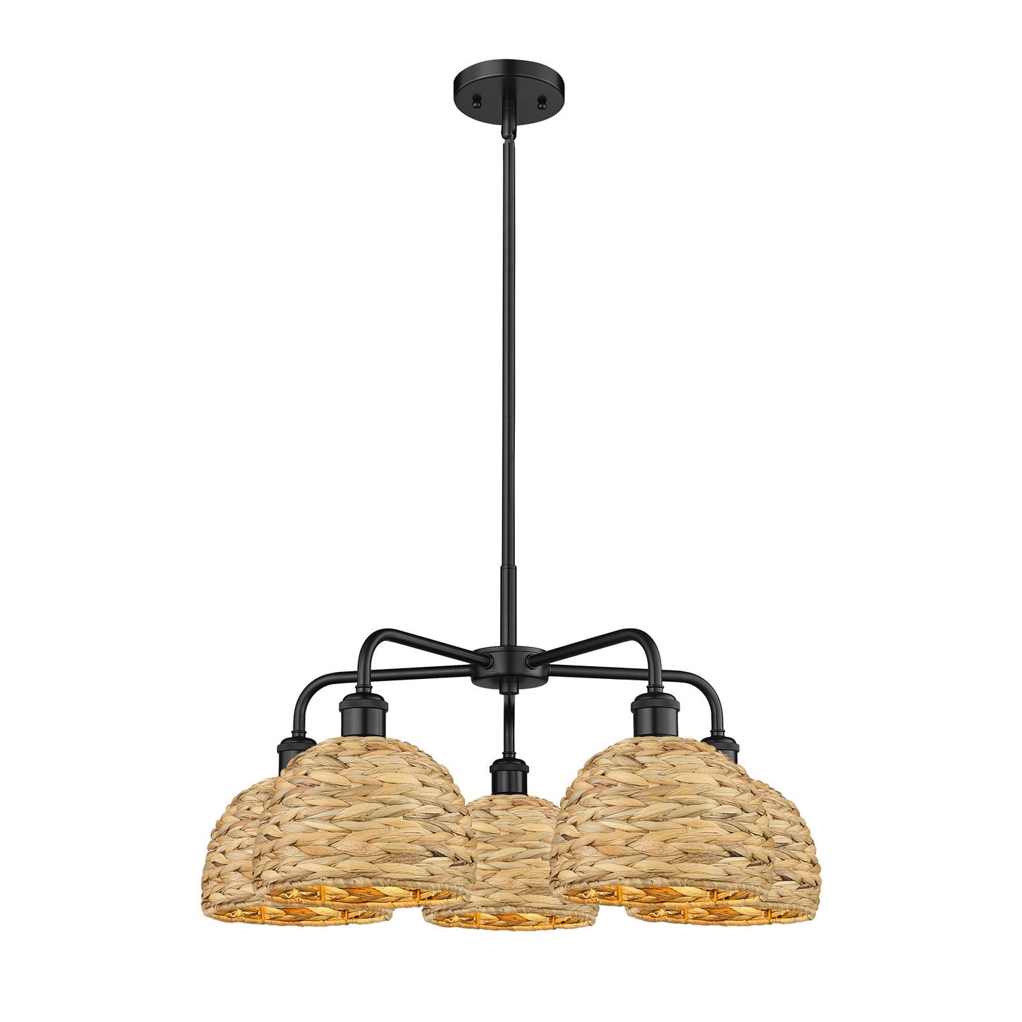Innovations Ballston 27in 5-Light Chandelier | Industrial Matte Black Steel and Natural Rattan Dome Shades | Dining Room & | Model 516-5CR-BK-RBD-8-NAT