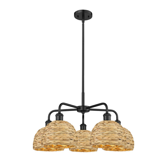 Innovations Ballston 27in 5-Light Chandelier | Industrial Matte Black Steel and Natural Rattan Dome Shades | Dining Room & | Model 516-5CR-BK-RBD-8-NAT