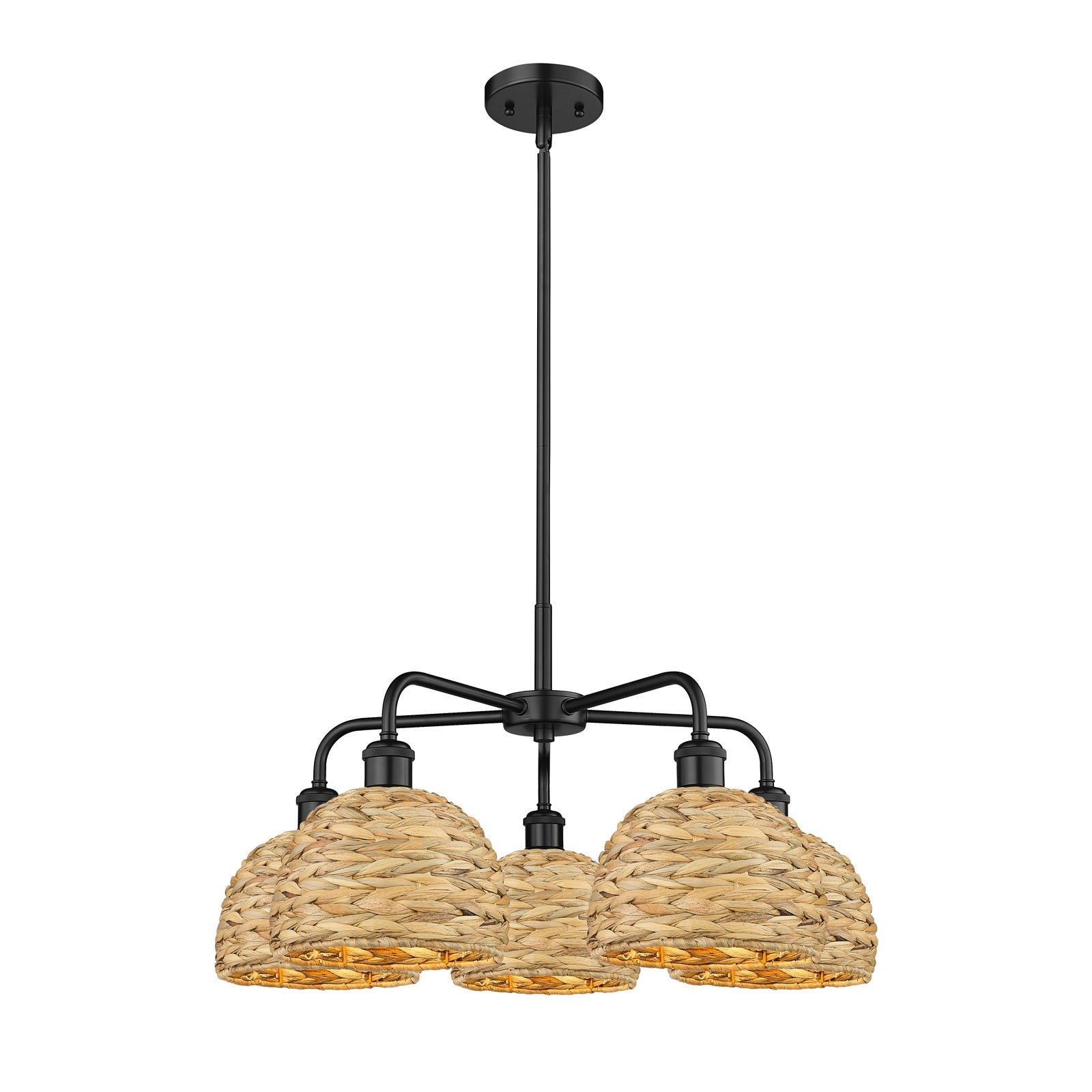 Innovations Ballston 27in 5-Light Chandelier | Industrial Matte Black Steel and Natural Rattan Dome Shades | Dining Room & | Model 516-5CR-BK-RBD-8-NAT