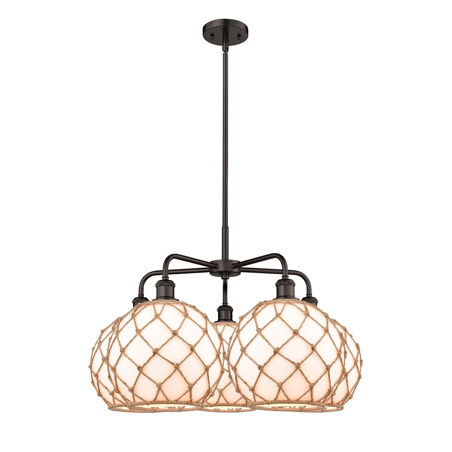 Innovations Farmhouse Rope 29in 5-Light Chandelier | Industrial Oil Rubbed Bronze Steel and Matte White Glass with Brown Rope | Model 516-5CR-OB-G121-10RB
