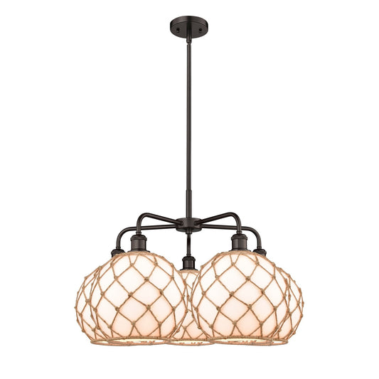 Innovations Farmhouse Rope 29in 5-Light Chandelier | Industrial Oil Rubbed Bronze Steel and Matte White Glass with Brown Rope | Model 516-5CR-OB-G121-10RB