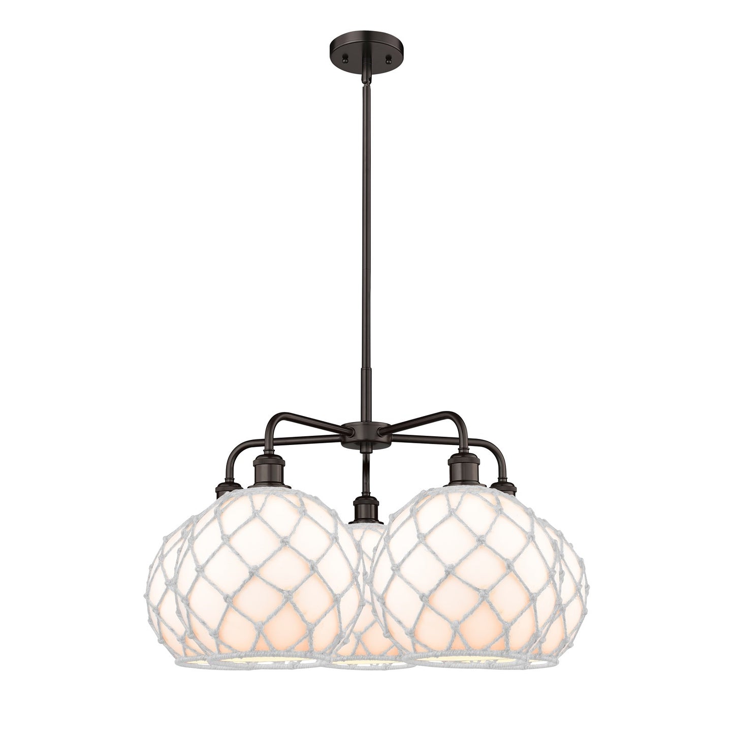 Innovations Farmhouse Rope 29in 5-Light Chandelier | Industrial Oil Rubbed Bronze Steel and White Glass with Rope Shade | Model 516-5CR-OB-G121-10RW