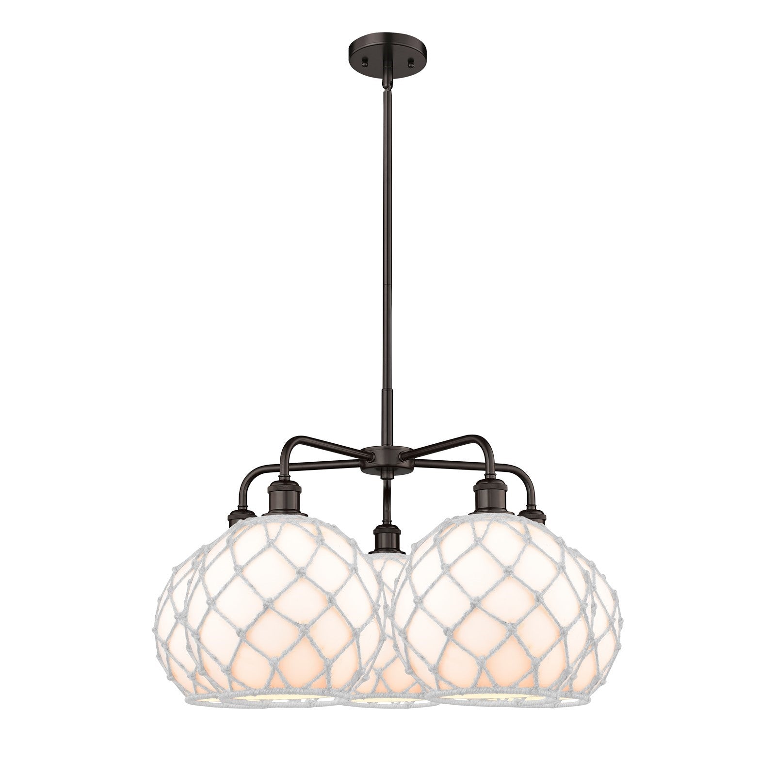 Innovations Farmhouse Rope 29in 5-Light Chandelier | Industrial Oil Rubbed Bronze Steel and White Glass with Rope Shade | Model 516-5CR-OB-G121-10RW