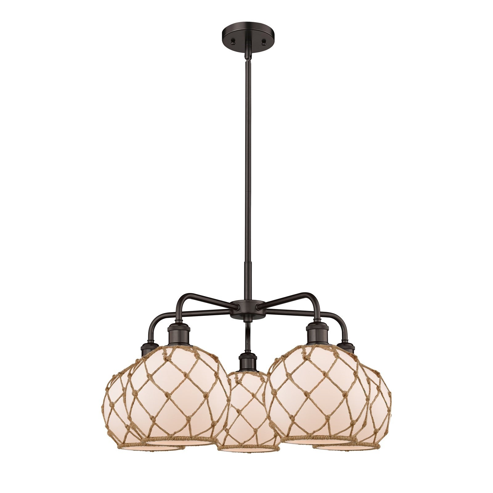 Innovations Farmhouse Rope 27in 5-Light Chandelier | Industrial Oil Rubbed Bronze Steel and White Frosted Glass with Brown | Model 516-5CR-OB-G121-8RB