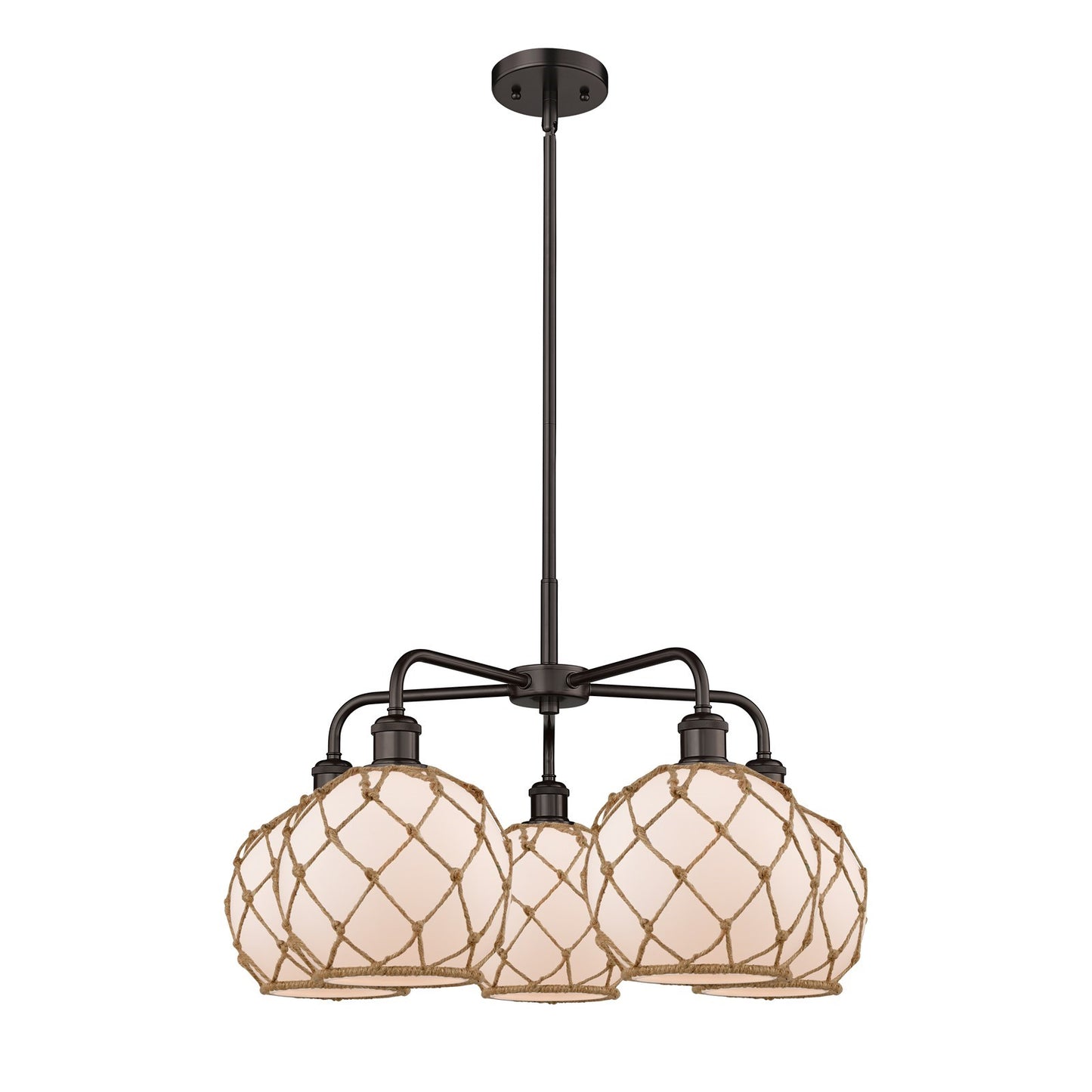 Innovations Farmhouse Rope 27in 5-Light Chandelier | Industrial Oil Rubbed Bronze Steel and White Frosted Glass with Brown | Model 516-5CR-OB-G121-8RB