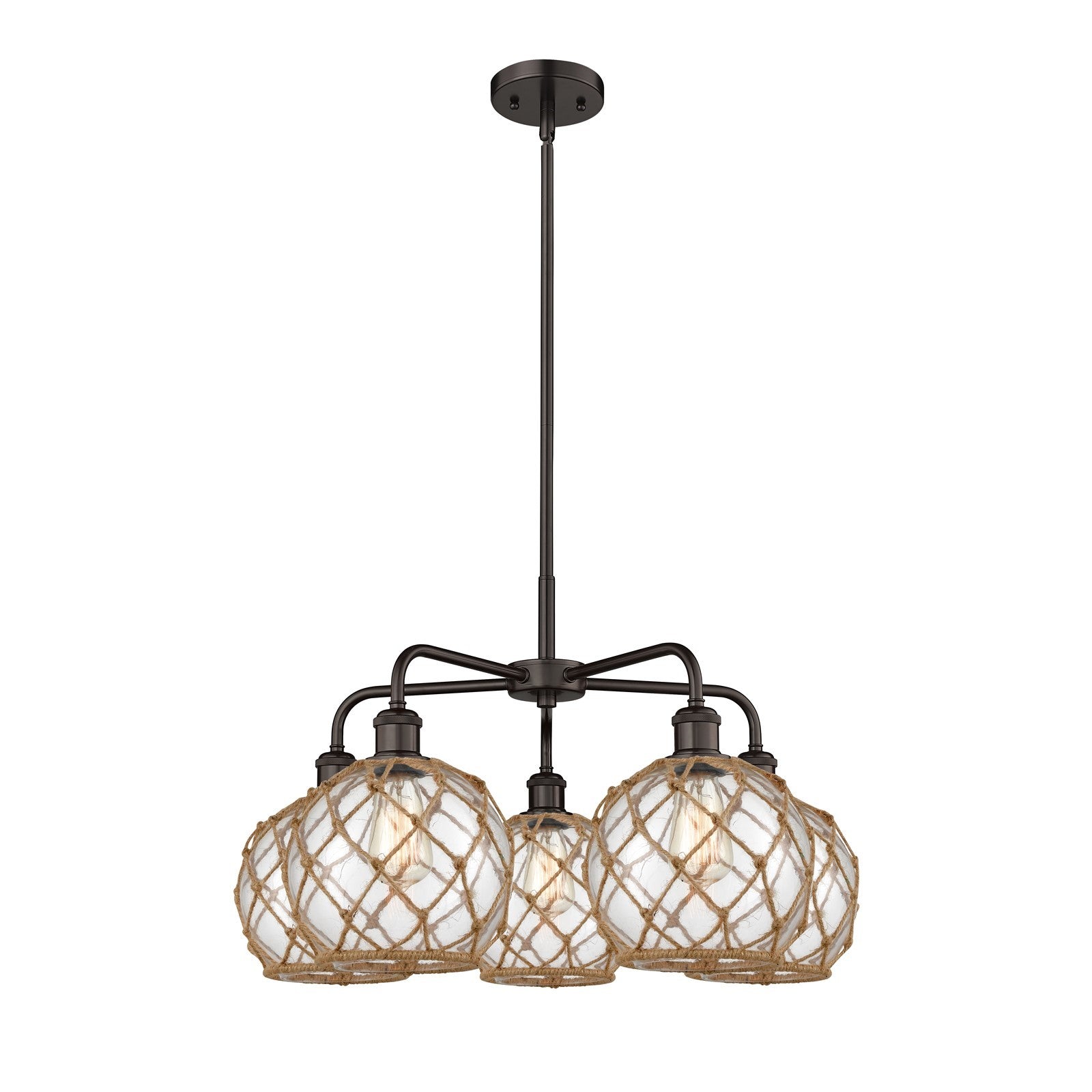 Innovations Farmhouse Rope 27in 5-Light Chandelier | Industrial Oil Rubbed Bronze Steel and Clear Glass with Brown Rope | Model 516-5CR-OB-G122-8RB