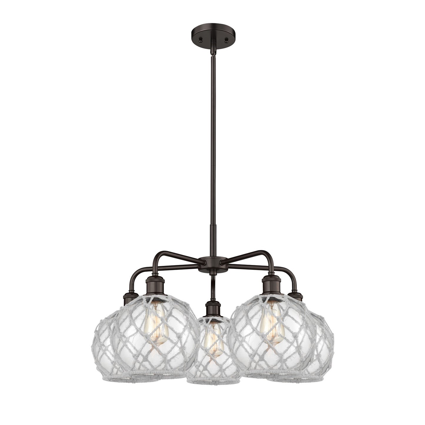 Innovations Farmhouse Rope 27in 5-Light Chandelier | Industrial Oil Rubbed Bronze Steel and Clear Glass with White Rope | Model 516-5CR-OB-G122-8RW