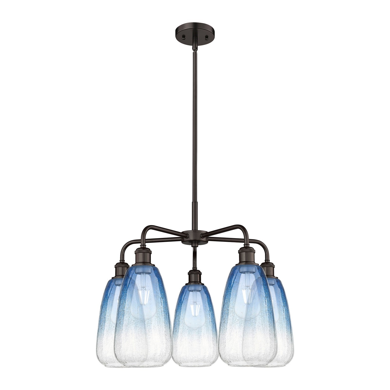 Innovations Brookhaven Almond 25in 5-Light Chandelier | Industrial Oil Rubbed Bronze Steel and Sapphire Blue Glass | Dining | Model 516-5CR-OB-G480-6SB