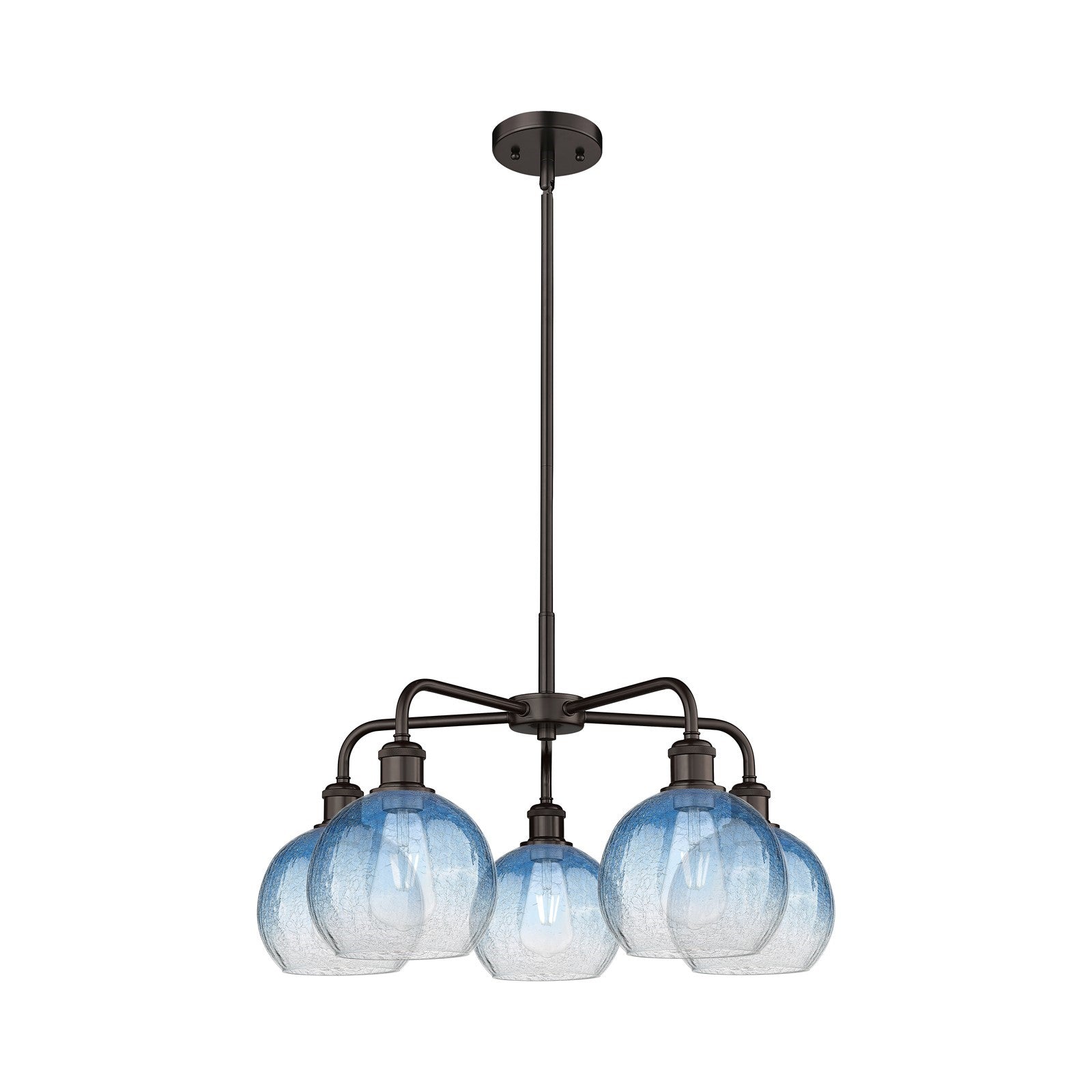 Innovations Brookhaven Globe 26in 5-Light Chandelier | Industrial Oil Rubbed Bronze Steel and Sapphire Blue Glass | Dining | Model 516-5CR-OB-G483-8SB