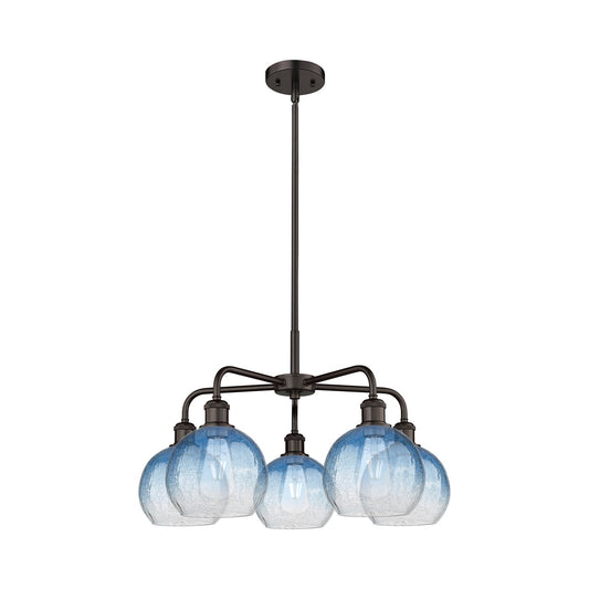 Innovations Brookhaven Globe 26in 5-Light Chandelier | Industrial Oil Rubbed Bronze Steel and Sapphire Blue Glass | Dining | Model 516-5CR-OB-G483-8SB