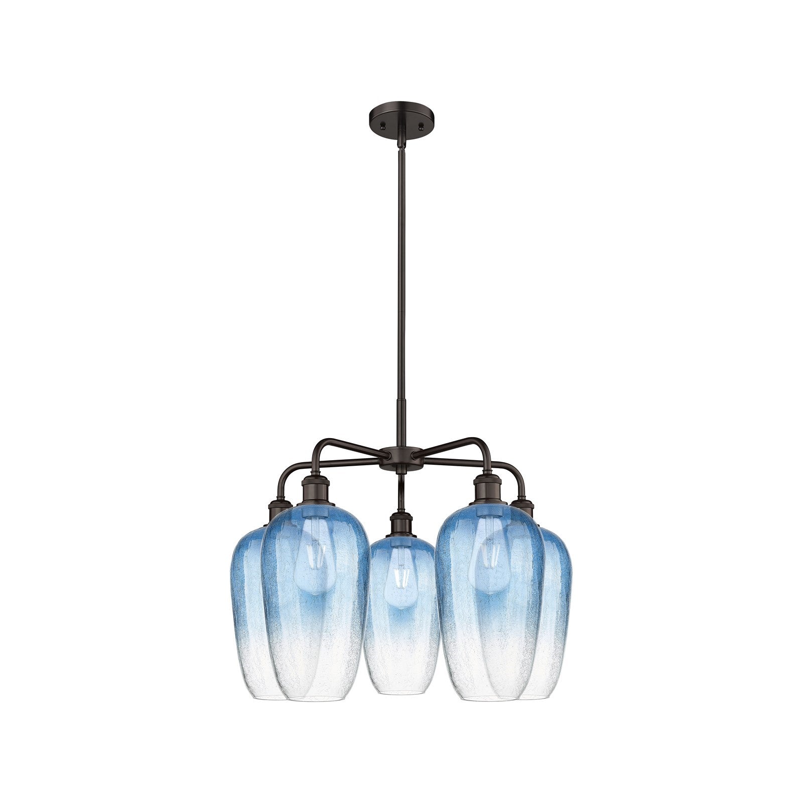 Innovations Brookhaven Flute 26in 5-Light Chandelier | Industrial Oil Rubbed Bronze Steel and Sapphire Blue Glass | Dining | Model 516-5CR-OB-G484-7SB
