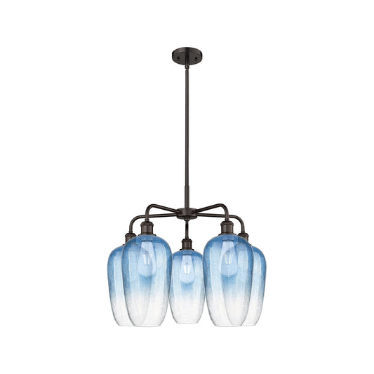 Innovations Brookhaven Flute 26in 5-Light Chandelier | Industrial Oil Rubbed Bronze Steel and Sapphire Blue Glass | Dining | Model 516-5CR-OB-G484-7SB