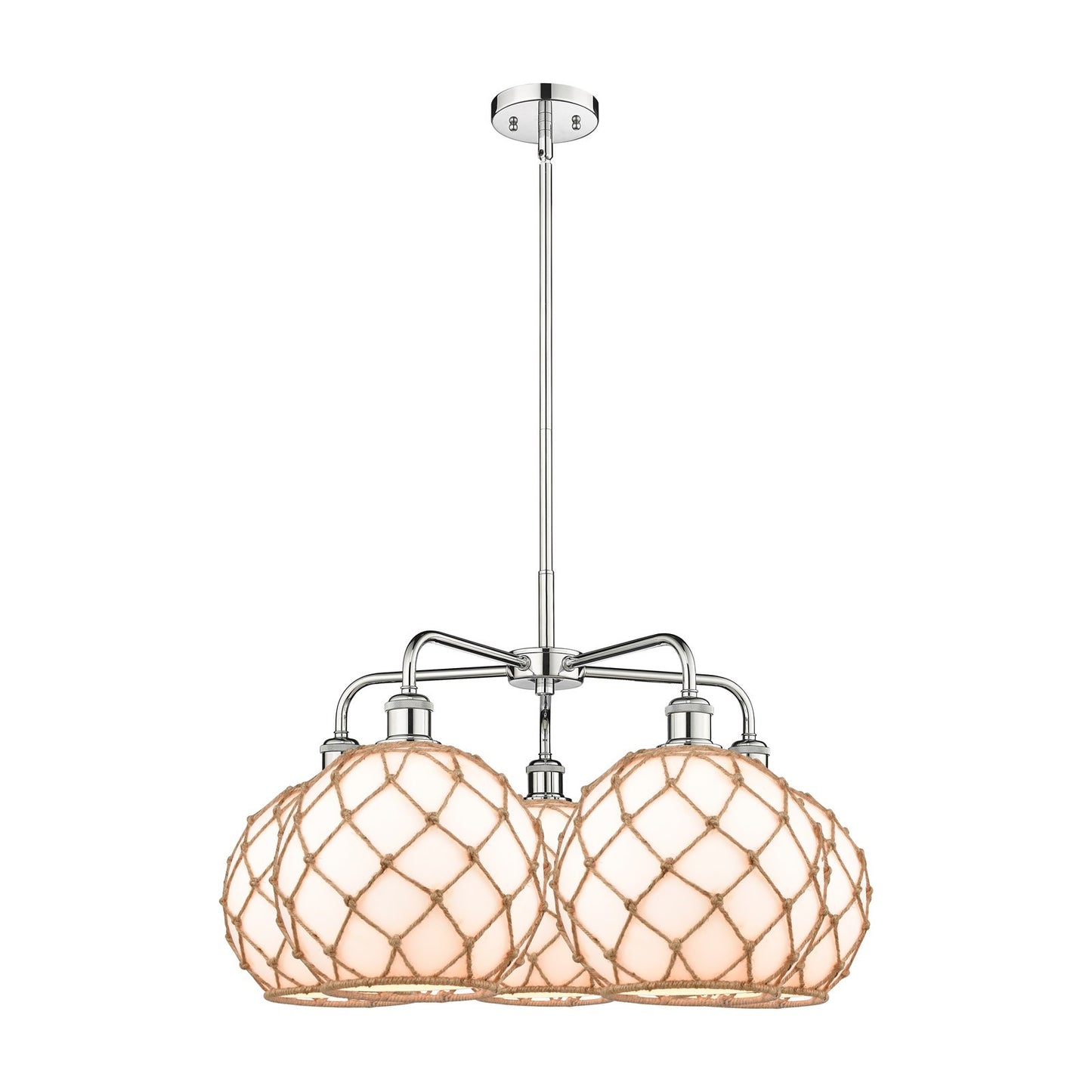 Innovations Farmhouse Rope 29in 5-Light Chandelier | Industrial Polished Chrome and Matte White Glass with Brown Rope Shade | Model 516-5CR-PC-G121-10RB