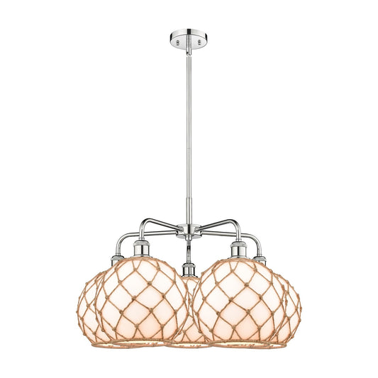 Innovations Farmhouse Rope 29in 5-Light Chandelier | Industrial Polished Chrome and Matte White Glass with Brown Rope Shade | Model 516-5CR-PC-G121-10RB