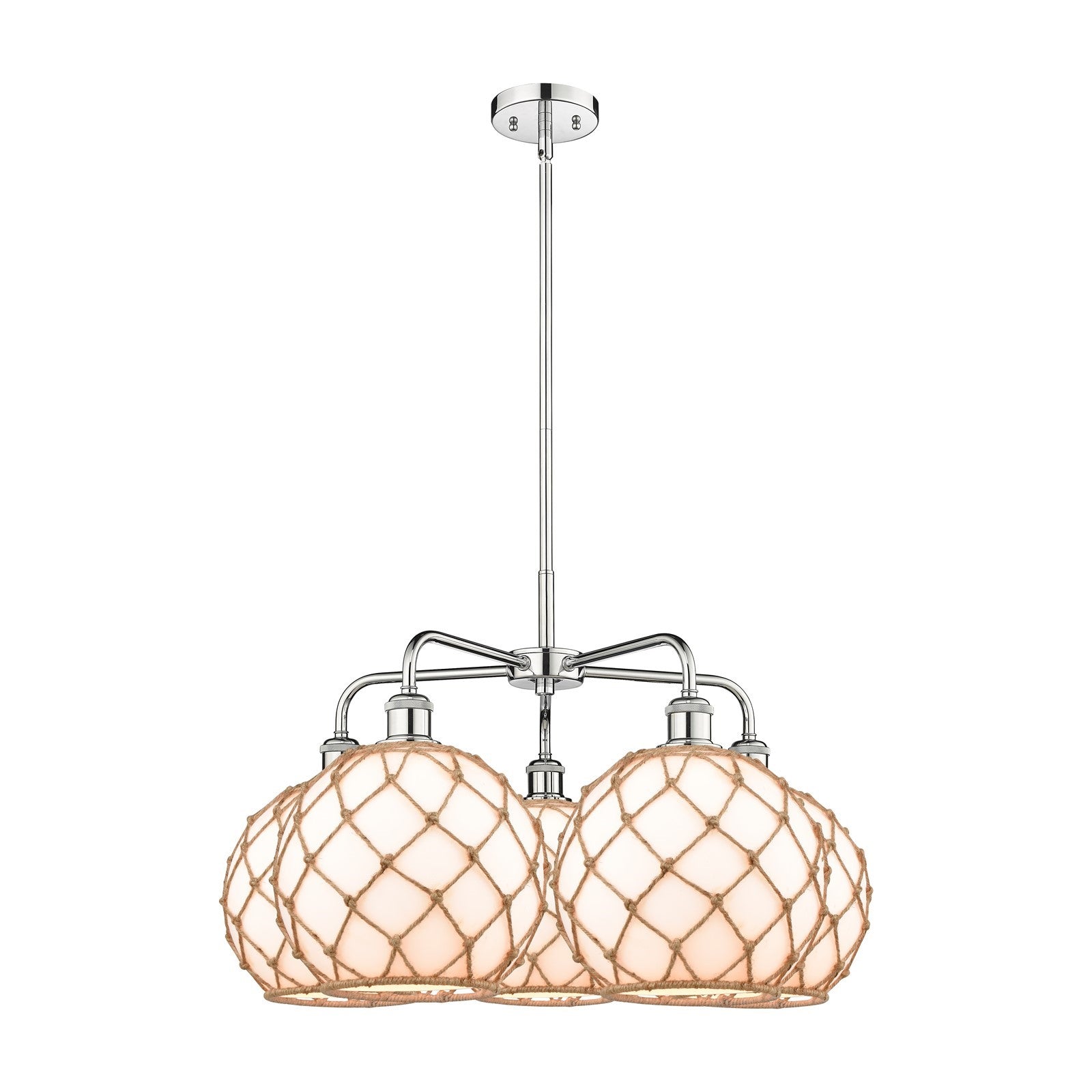 Innovations Farmhouse Rope 29in 5-Light Chandelier | Industrial Polished Chrome and Matte White Glass with Brown Rope Shade | Model 516-5CR-PC-G121-10RB