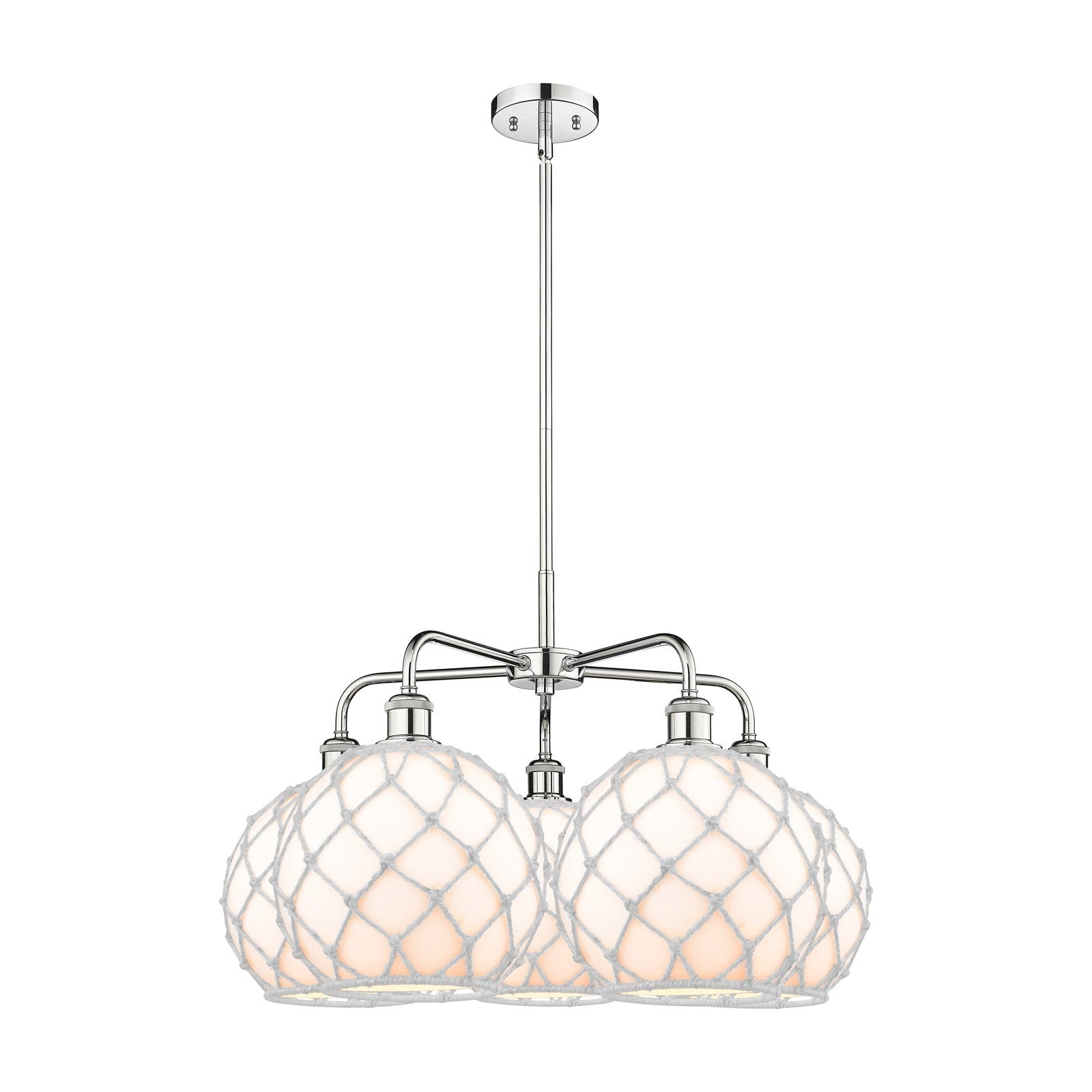 Innovations Farmhouse Rope 29in 5-Light Chandelier | Industrial Polished Chrome Steel and White Glass with Rope | Kitchen | Model 516-5CR-PC-G121-10RW