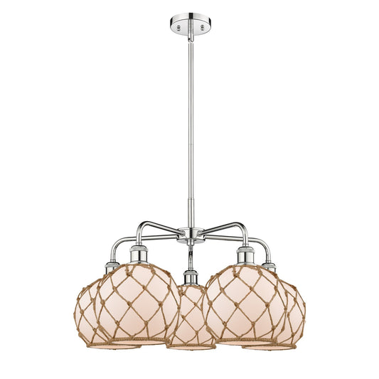 Innovations Farmhouse Rope 27in 5-Light Chandelier | Industrial Polished Chrome and White Frosted Glass with Brown Rope | Model 516-5CR-PC-G121-8RB