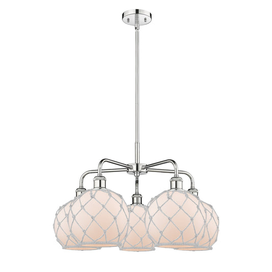 Innovations Farmhouse Rope 27in 5-Light Chandelier | Industrial Polished Chrome and White Glass with White Rope | Dining Room | Model 516-5CR-PC-G121-8RW